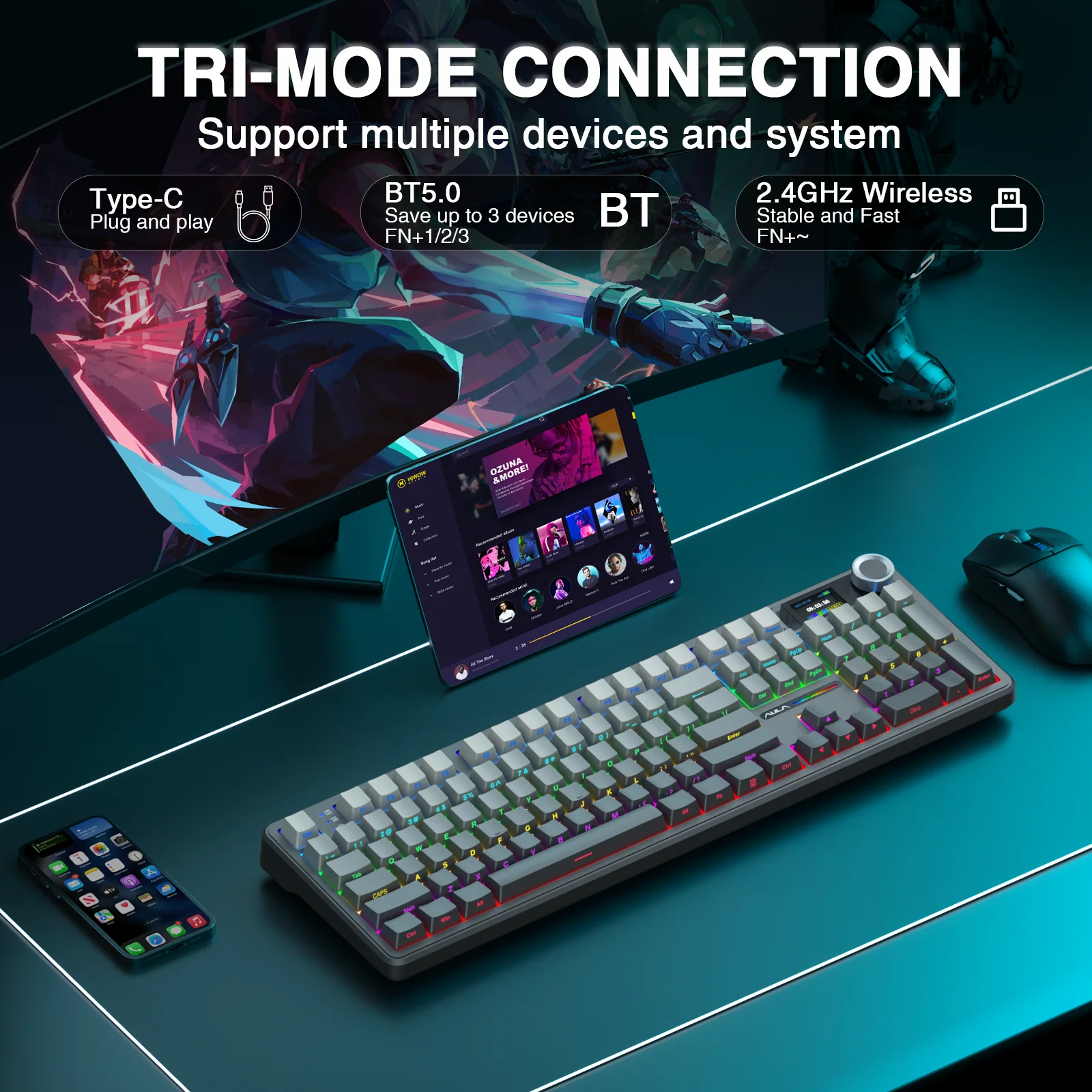 AULA F108pro Wireless Bluetooth Keyboard Macro Gaming keyboard Gasket Hot-swap Full Size Keyboard with TFT Smart Display