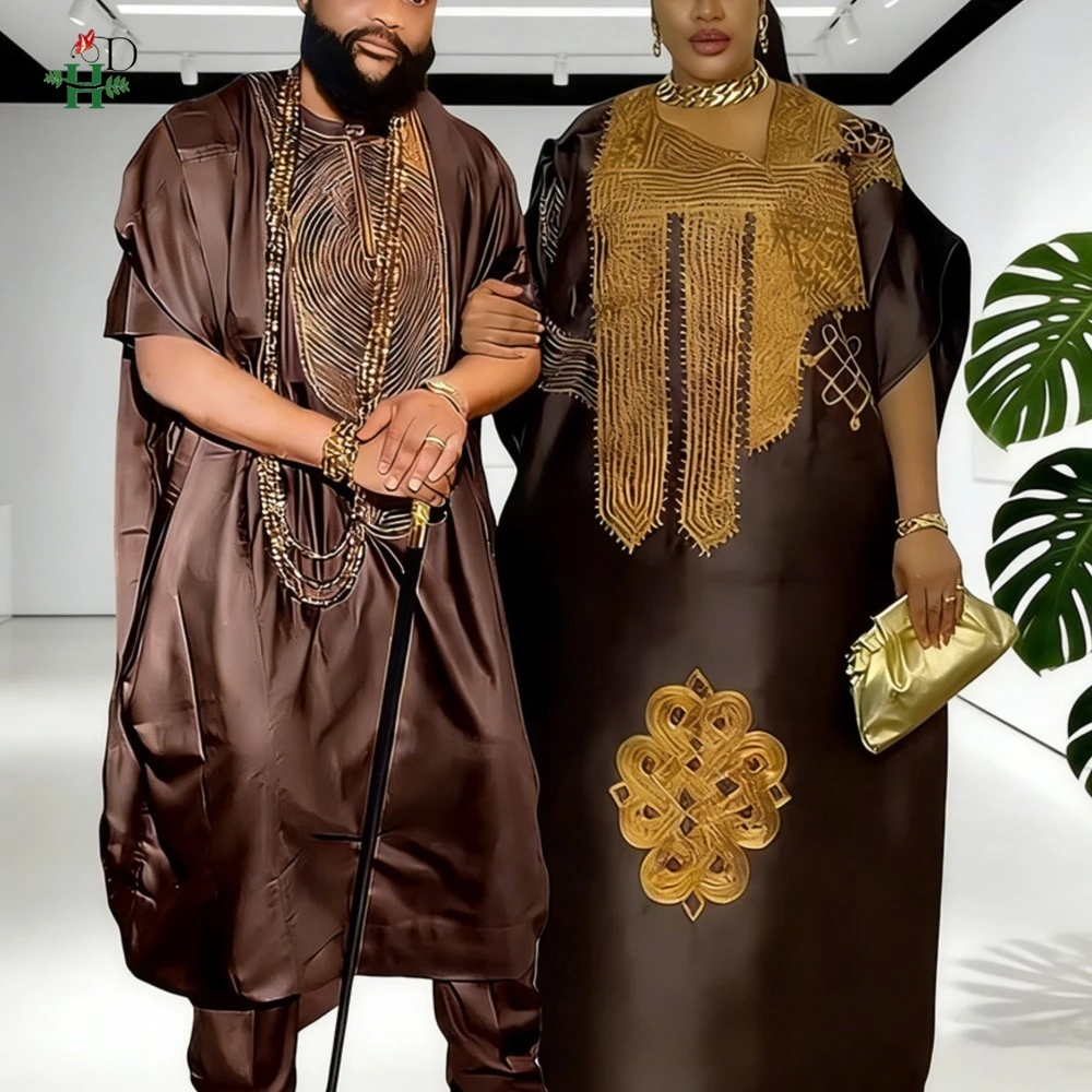 

Африканские платья H&D для пар, коричневые, традиционные, из базина риш, мужской комплект из 3 предметов, вышитый наряд, турецкое платье для женщин, свадебное платье для вечеринок