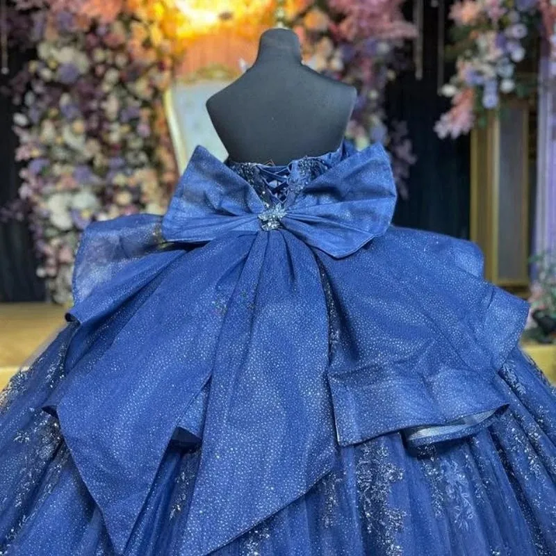 Abiti Quinceanera blu navy personalizzati con spalle scoperte Applique con fiocco Abito da ballo con lacci Tull Party Compleanno Sweet 16 Abiti 15