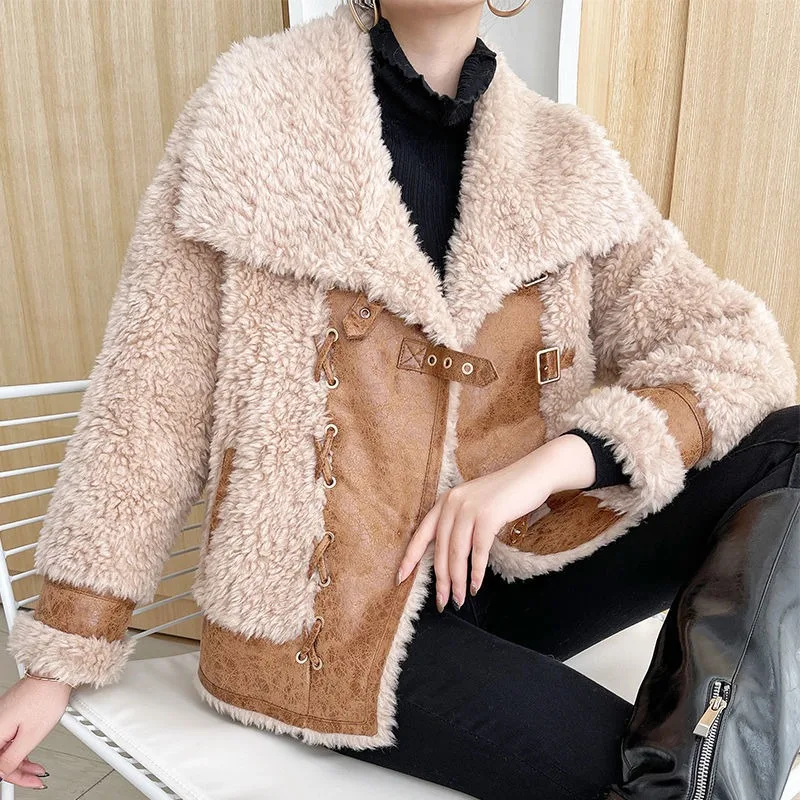 

Women's Winter Sheepskin Fur Coat, Loose Thicken Warm Outwear, Vintage Temperament, Sense of Design, Patchwork Jacket, New, 2024