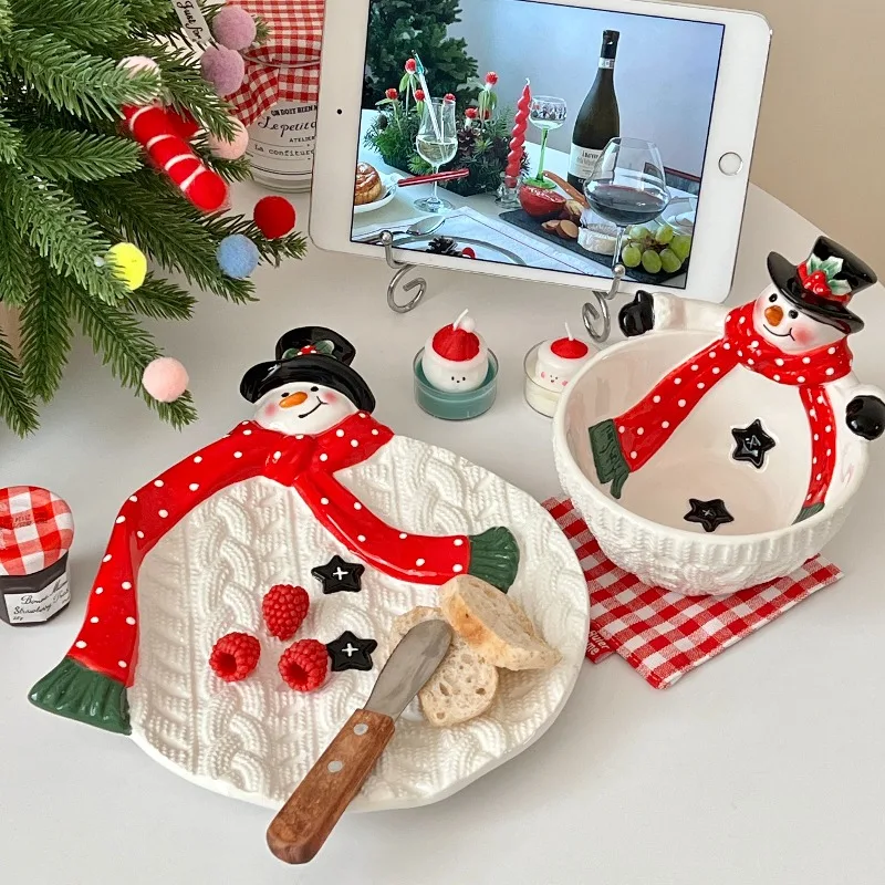 

‌Adorable Snowman Pattern Ceramic Dessert Plate Christmas Gift Idea Cute Creative Tableware for Holiday Parties Decorative Plate