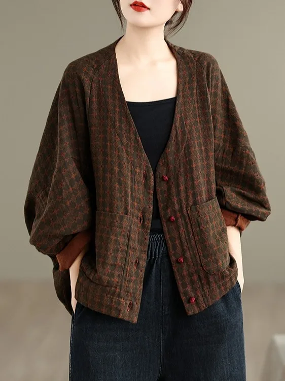 

Осенне-зимняя женская куртка свободного кроя с V-образным вырезом, в стиле ретро, с рукавами «летучая мышь», повседневная, в китайском стиле, больших размеров