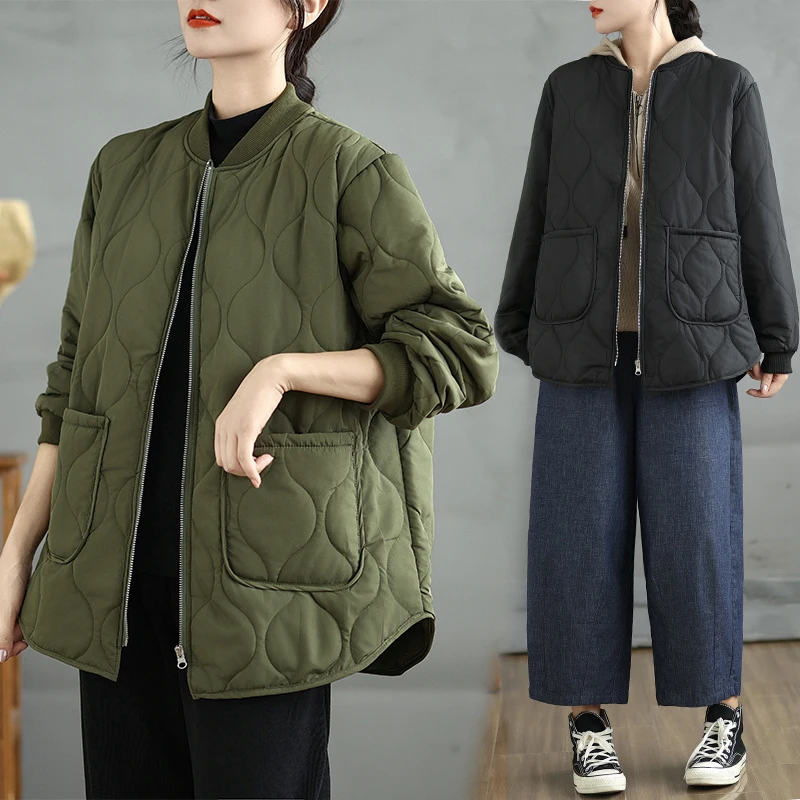 

Loose Artistic ort Cotton Jaet Women's Autumn Winter Faion Korean Sle Zipper Cotton Vest plus Size Slimming Outerwear