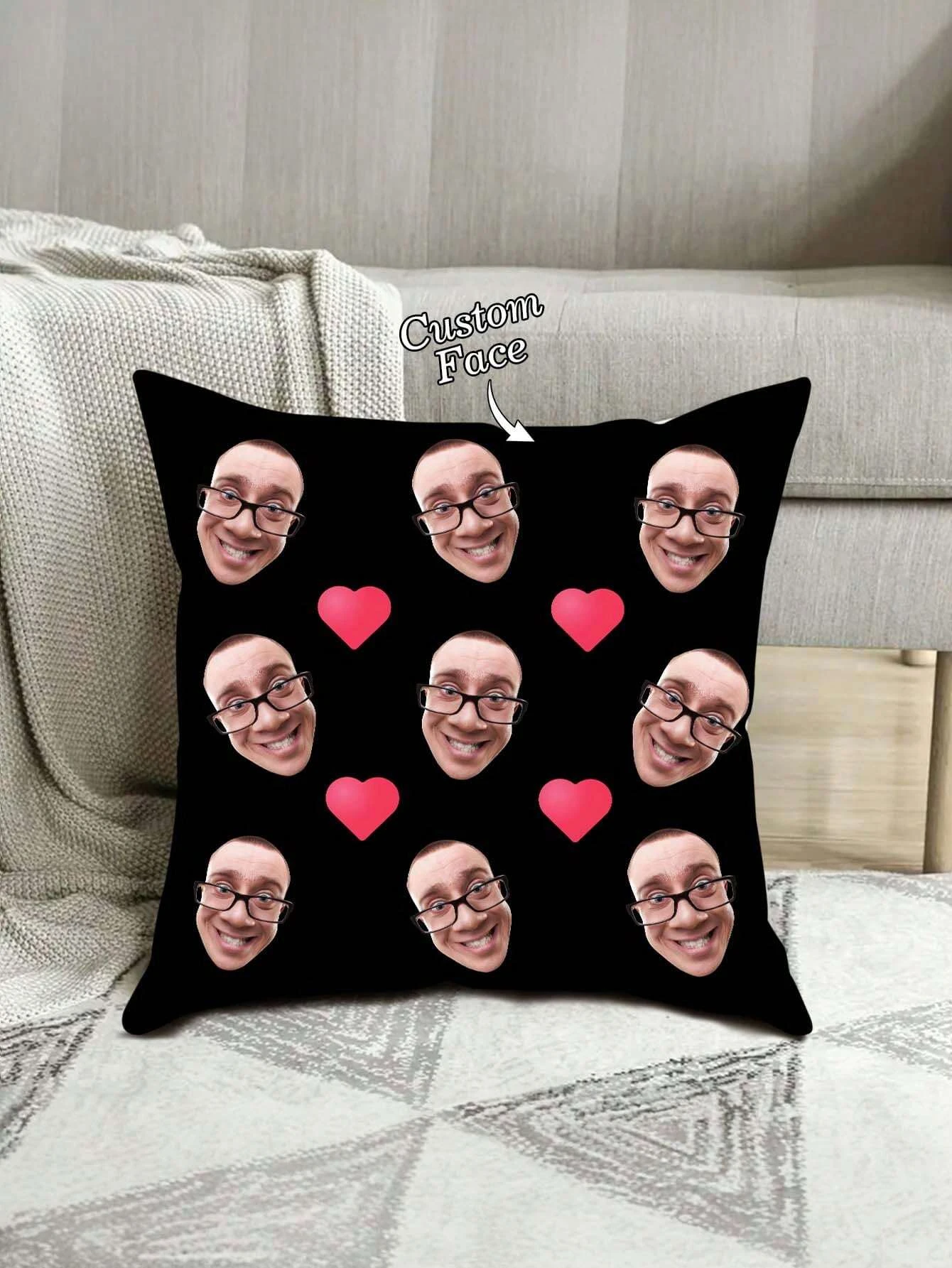 Customizable 1 Pc Pillowcase With Face, Heart & Creative Funny Photo DIY Pillow Cover. Printed On One Side, Suitable For Family