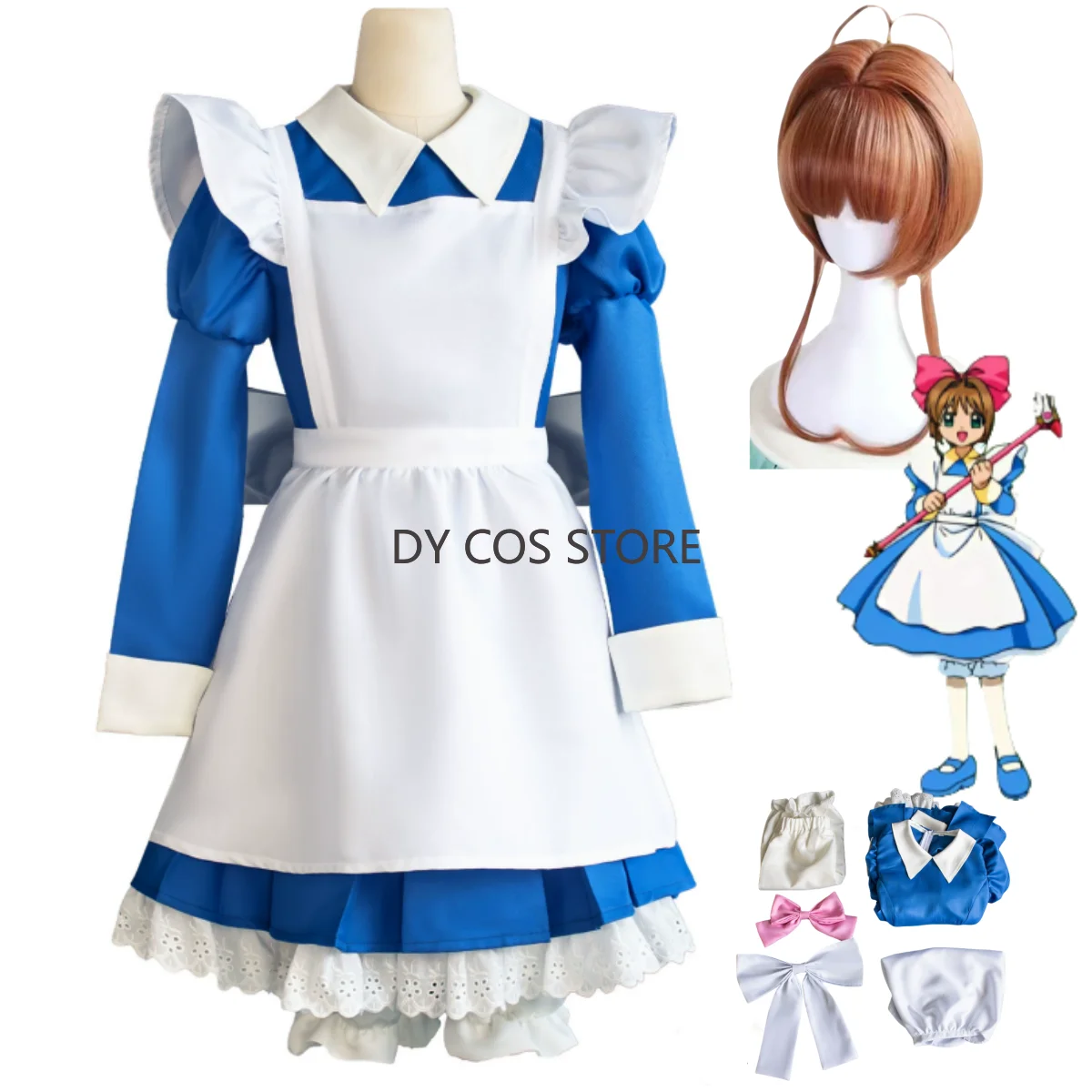 

Anime Cardcaptor Sakura Kinomoto Sakura Cosplay Costume Blue-white Maid Outfit Uniform Wig Woman Cute Christmas Party Suit