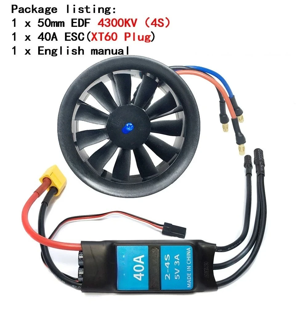 For 50mm Duct Motor 4300KV 4900KV with 40A ESC Kit, Brushless Motor for Fixed Wing Ducted Fan Aircraft
