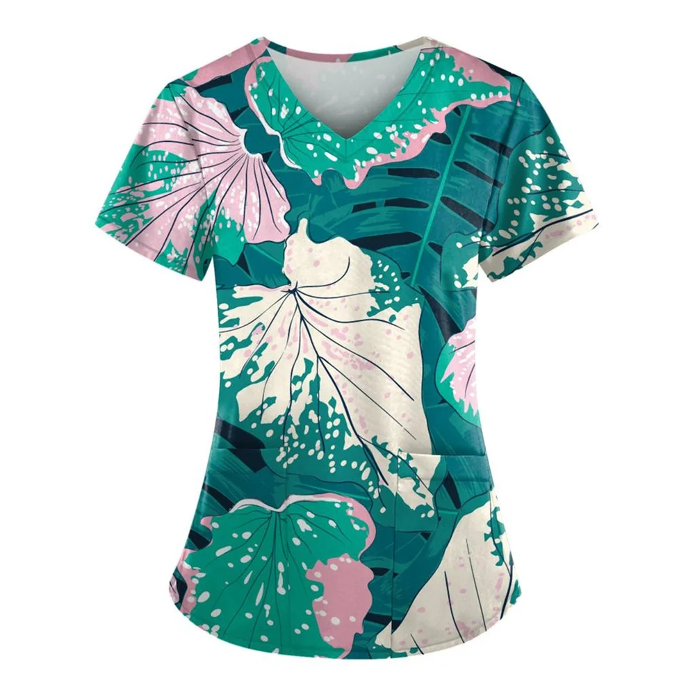 Scrub Medical Woman Floral Print Vet Nursing Tops Fashion V-Neck Short Sleeve Patch Pocket Health Care Clinical Uniform Woman