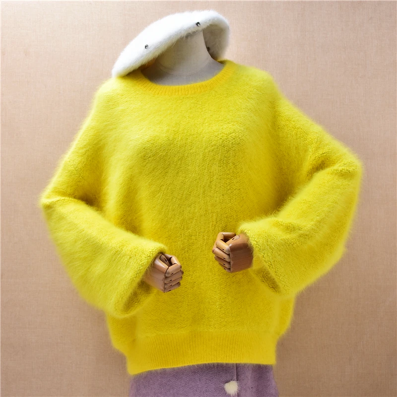 

Women Mujer Korean Fashion Thick Warm Hairy Mink Cashmere Knitted O-Neck Long Batwing Sleeves Loose Pullover Sweater Jumper Pull