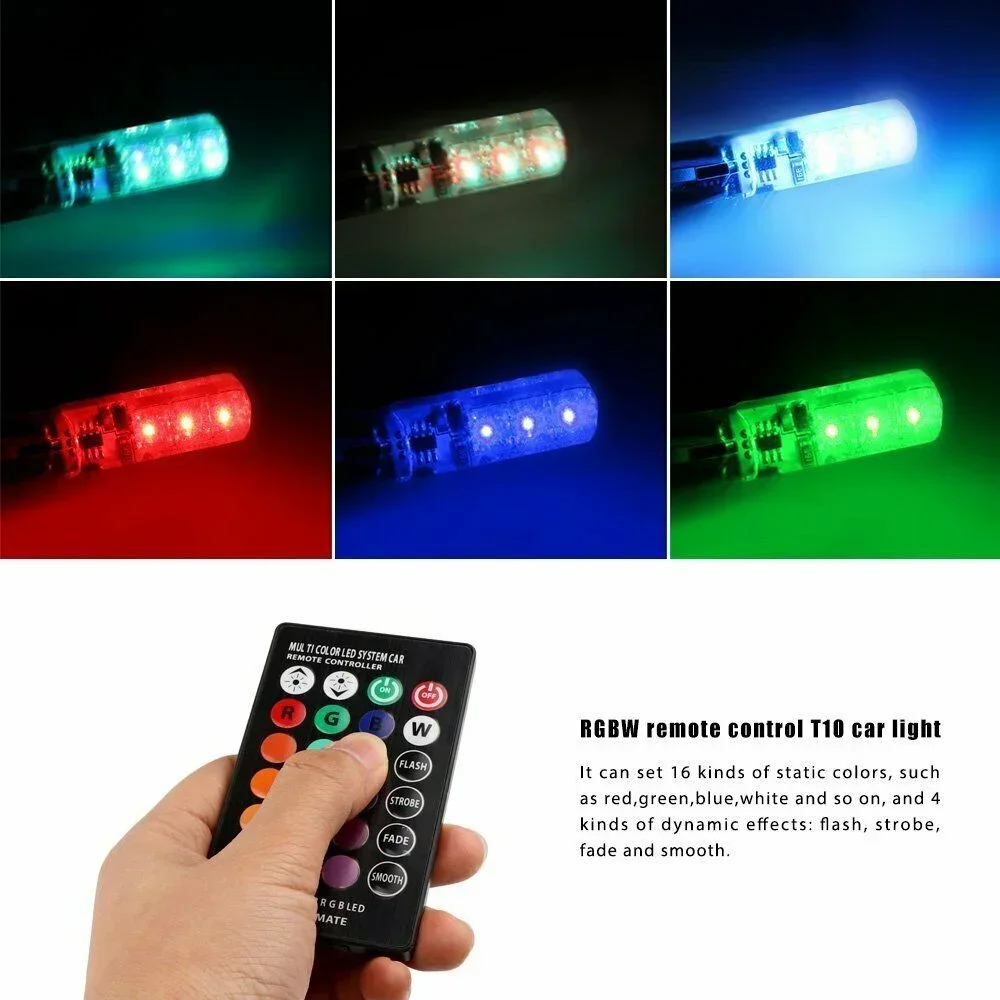 2 luzes de parque led rgb t10 para lâmpada de carro, 6 chips smd super coloridos, mudança de cor, controle remoto, lâmpada aotu com 12v 24v