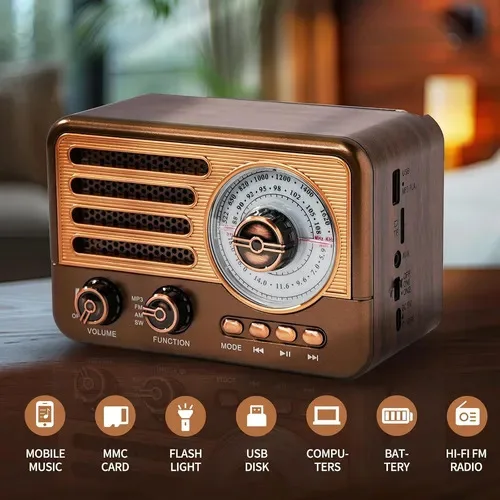 Retro Multi‑Band Portable Radio MP3 TF‑Card Player Built‑in Flashlight With Handbag High‑Quality Sound For Home Outdoor Use