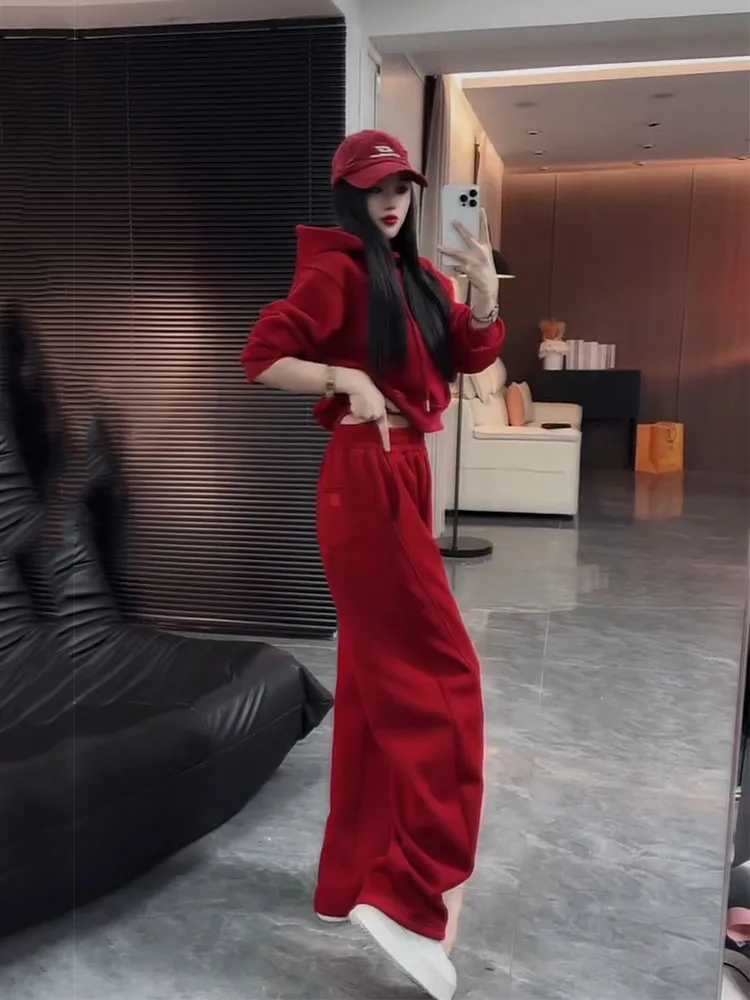 

Korean Style Casual Fashion Women Autumn Winter 2025 New Hooded Sweatshirt Wide Leg Sweatpants Thick Flannel Two-piece Set