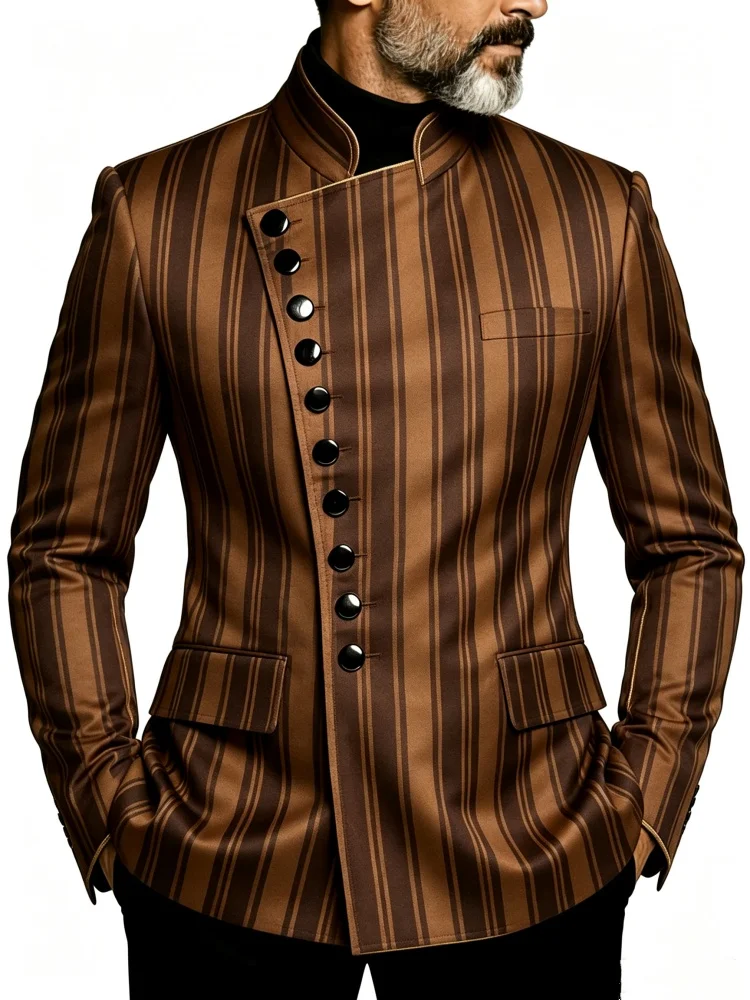 Mens Stand Collar Two Tone Brown Vertical Stripe Slim Fit Formal Blazer Men Wedding Groom Retro Evening Party Costume Jacket