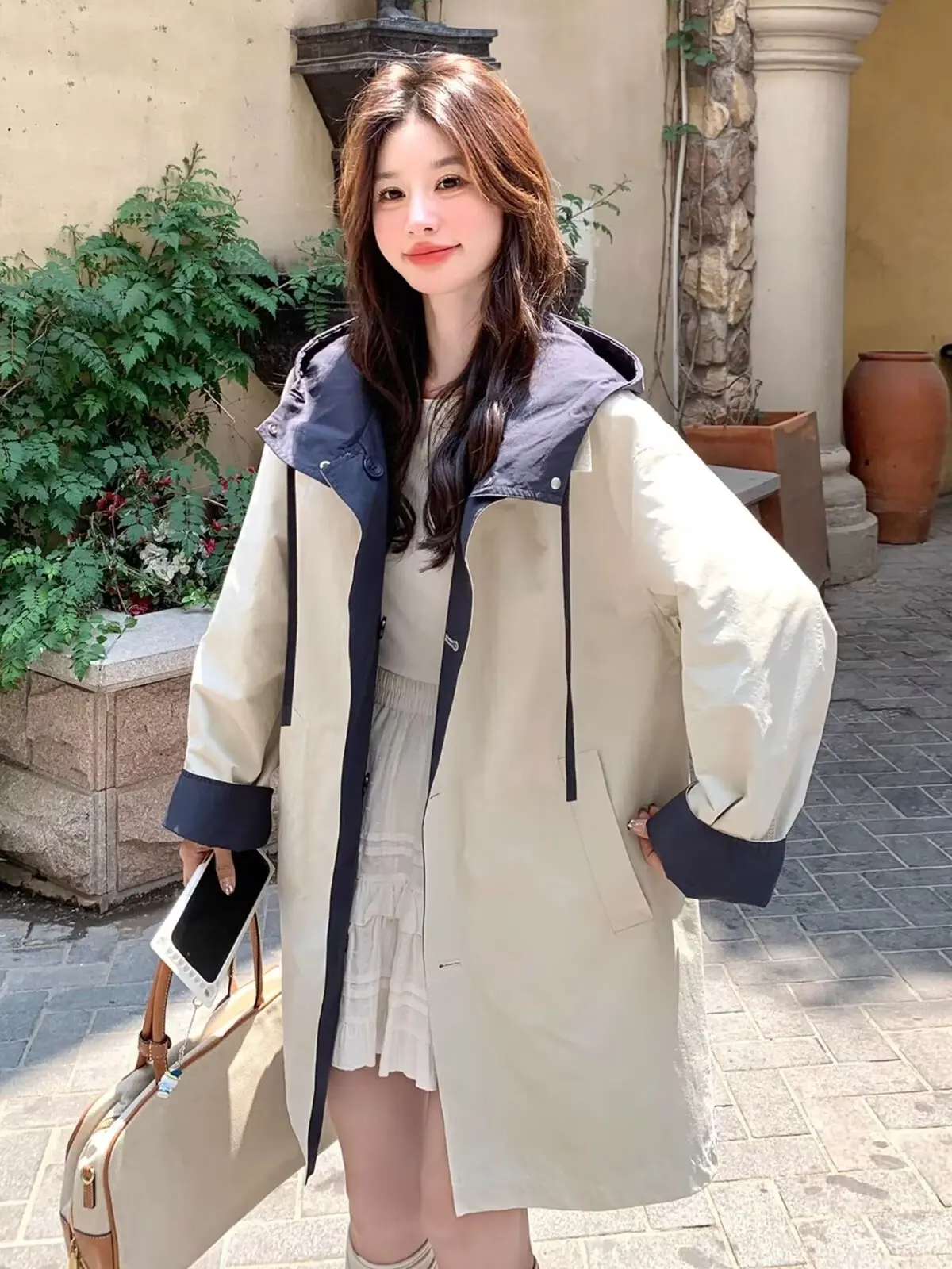 الرجعية بريتي Sle مقنعين Jaet المرأة ربيع الخريف عادية فضفاض على الوجهين ارتداء سترة واقية معطف ملابس خارجية مريحة