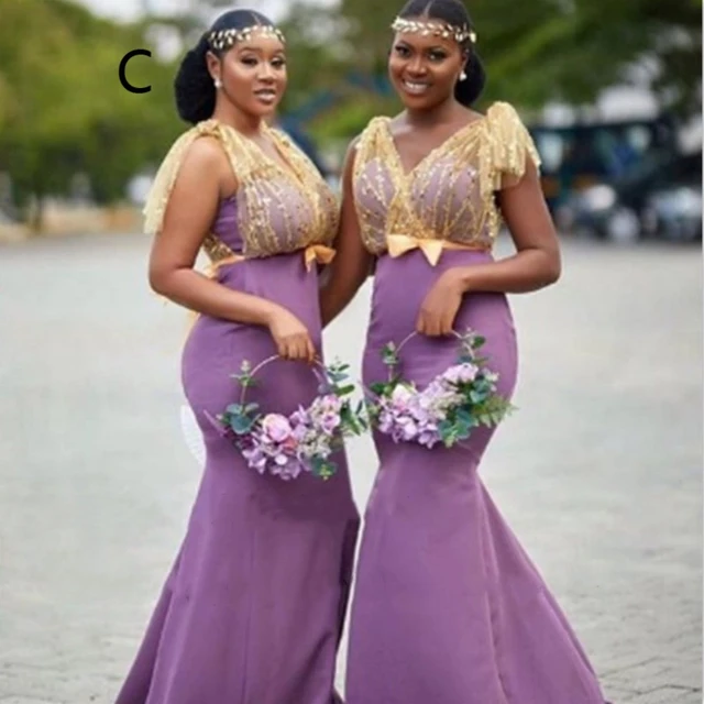 Long Mermaid Bridesmaid Dresses Off Shoulder Sequin African Women Wedding Party Dress Bowknot Robe de soiree de mariage