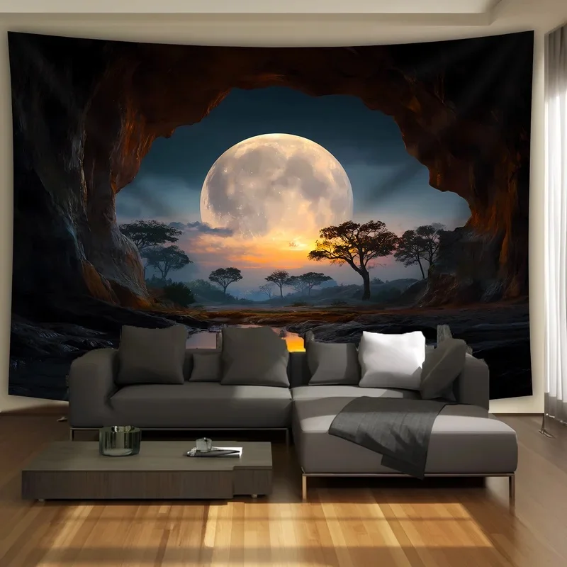 VIKAMA Giant Full Moon Cave Wall Tapestry Savannah Tree Sunset Scenery Pattern Large Fabric Wall Blanket for Indoor Room Decor