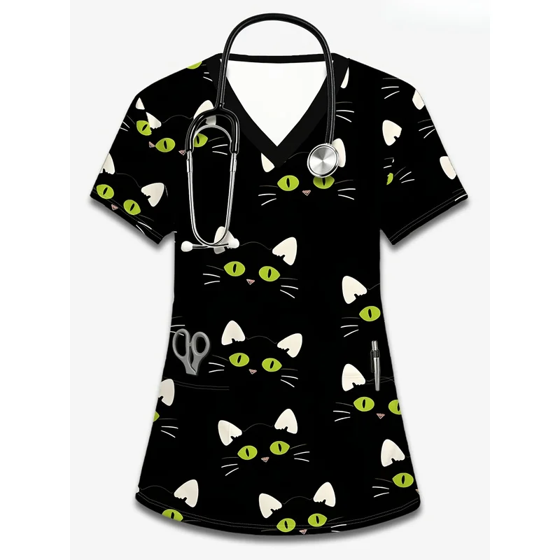 Women's Work Top with Fun Black Cat Halloween Print – V-Neck, Short-Sleeve Style with Practical Pockets
