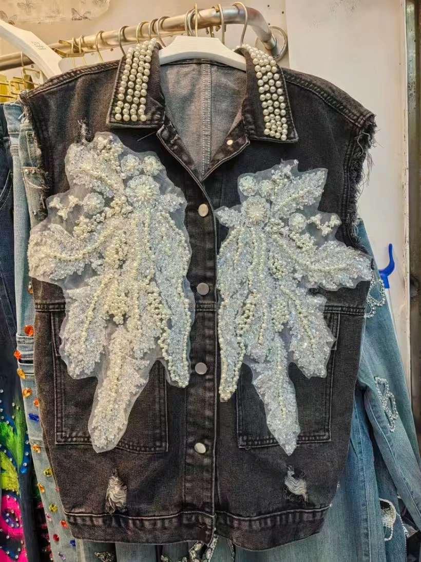 

New In Women Denim Embroidered Flares Loose Casual Vest Women's Sleeveless Sparkle Pearls Jackets 2025 Spring Autumn Jeans Coat