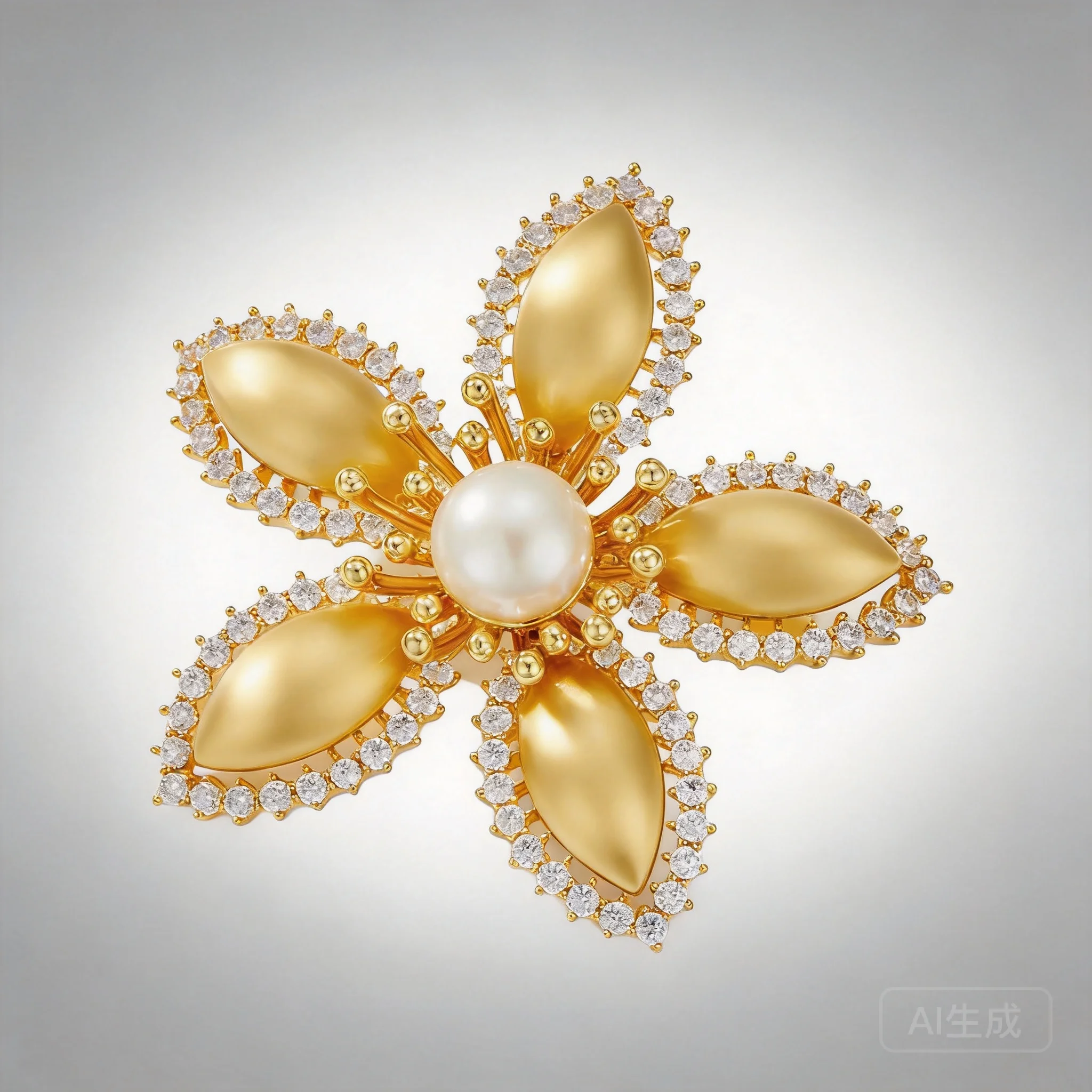 Chinese Style Auspicious Brushed Gold Flower Brooch Copper Alloy Micro Pave Zircon Freshwater Pearl Good Luck Fortune Elegant
