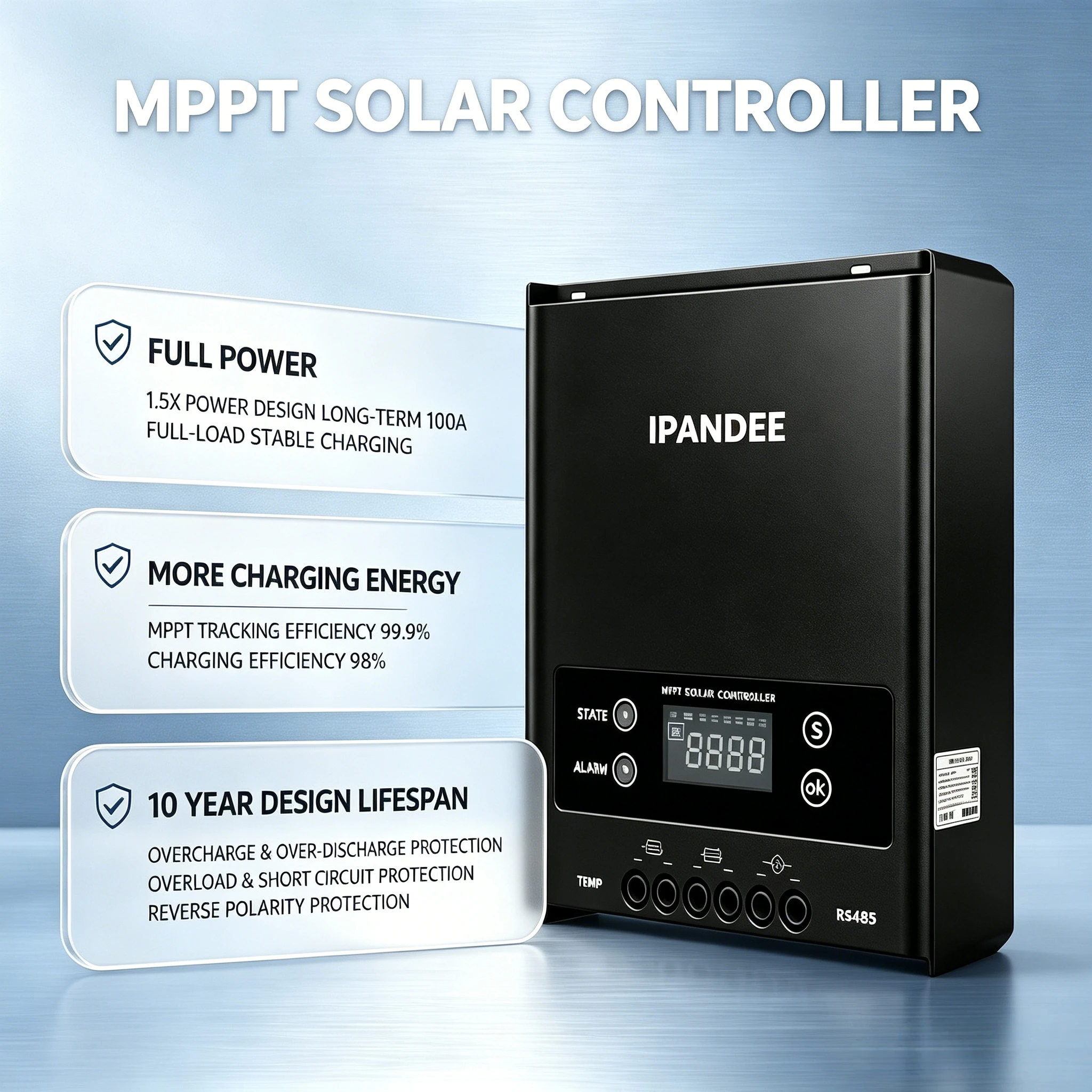 IPANDEE 100A MPPT Solar Charge Controller 12V 24V 36V 48V Auto, 250V PV Input, 5200W,  RS485, LCD Display, for RV Boat Off-Grid System