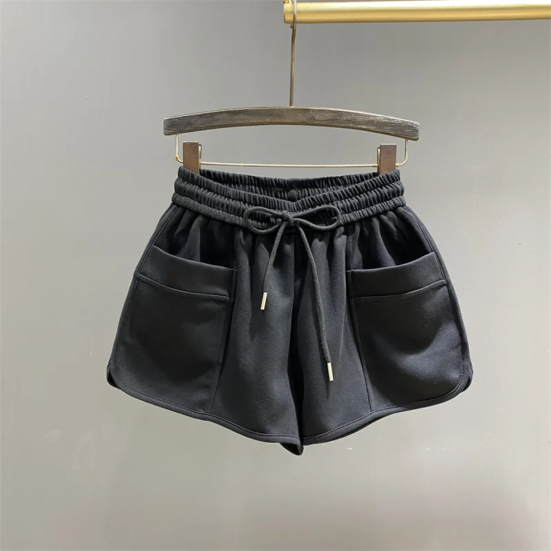 Summer Loose Sports Shorts Women Casual Fitness Shorts Drawstring Elastic Waist Wide Leg Pockets Running Shorts Solid Color