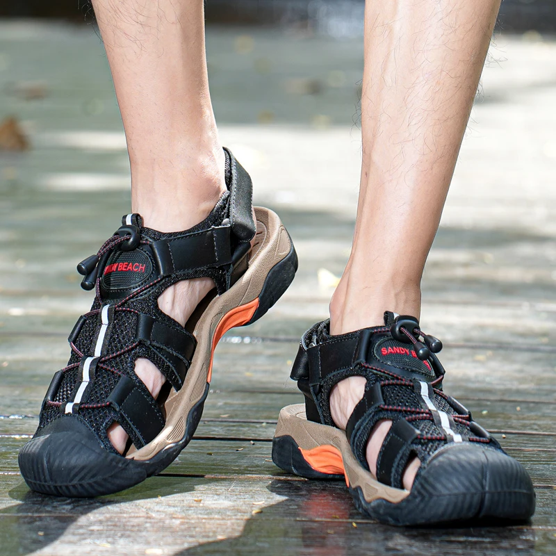 Summer Khaki Mesh Genuine Leather Beach shoes Couple's sandals Men Outdoor Full-grain leather Light Walking Shoe Slippers Woman