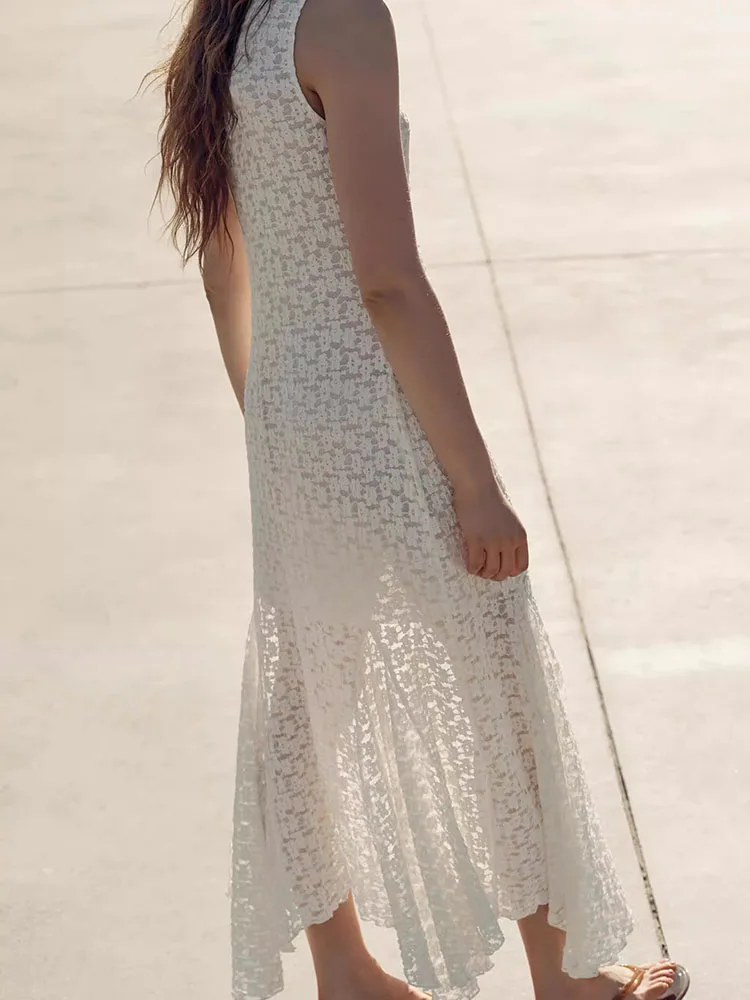 Summer New Women's Long Lace Asymmetrical Sleeveless round Neck Dress Ethnic Stage Costume for 18-25 Years Old Ladies