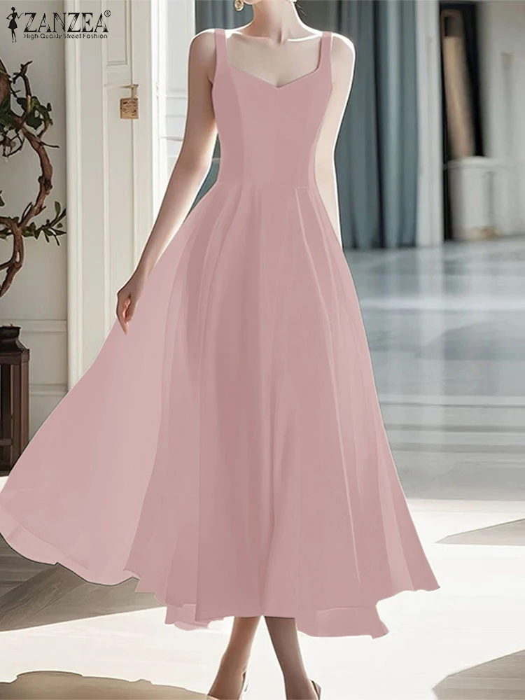 

Summer Dress ZANZEA Women Elegant Fashion Sleeveless V-Neck Sexy Waist Design Long Vestidos 2025 Solid Color Party Midi Sundress