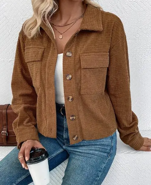 

Women's Jacket 2025 Autumn Winter Corduroy Jacket Retro Brown Cardigan Pocket Jacket Street Fashion Retro Casual Jacket