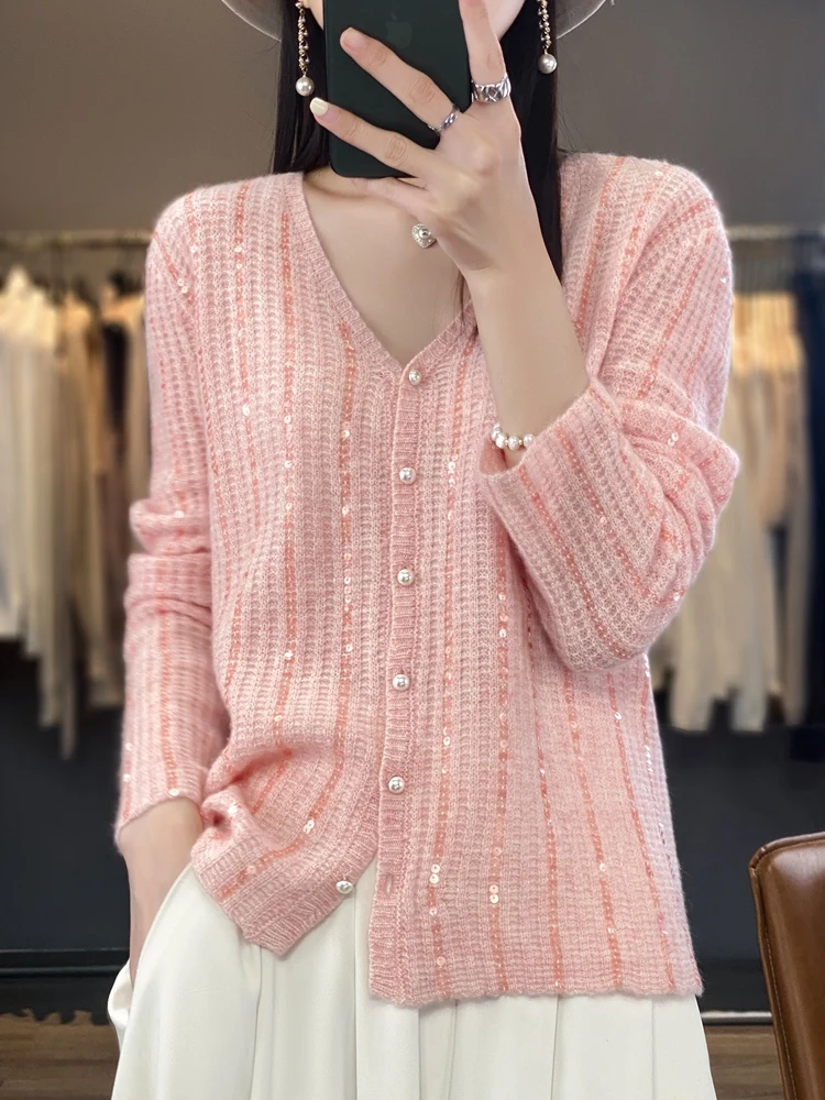 100% Wool Cardigan Sweater Women V-neck Long Sleeve Top Korean Style New In Outerwears Mujer Knitwear Sequin Spring Clothing