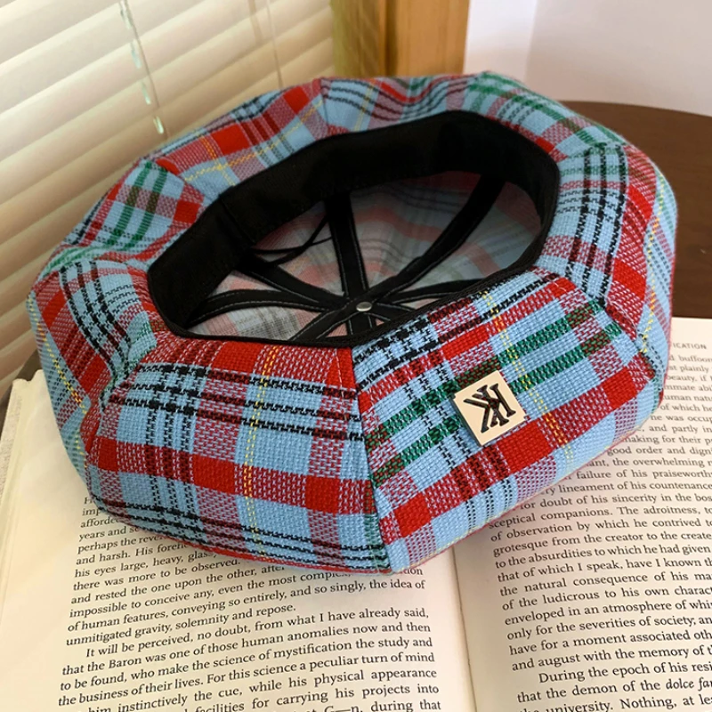 Retro Contrasting Color Plaid Berets for Women Show Face Small Spring Summer Japanese Casual Versatile Literary Painter Hats