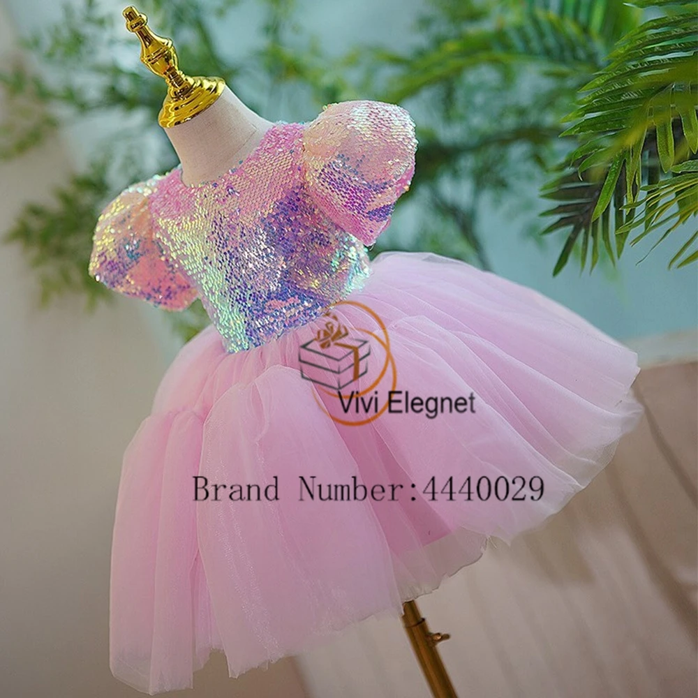 Pink Short Sleeve Flower Girls Dresses for Kids 2024 Sequined A Line Knee Length Christmas Gowns Zipper Back فلور فتاة اللباس