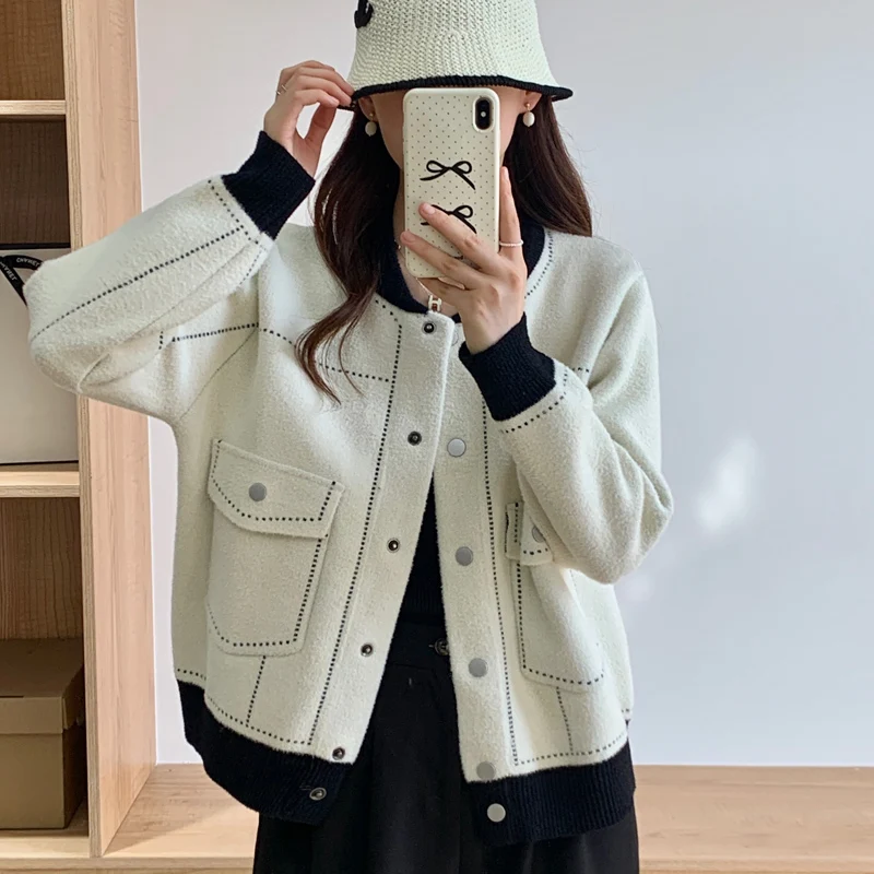 

Цветной контрастный дизайн, женская вязаная куртка, осенняя однобортная короткая утепленная куртка, шикарный женский теплый кардиган, верхняя одежда