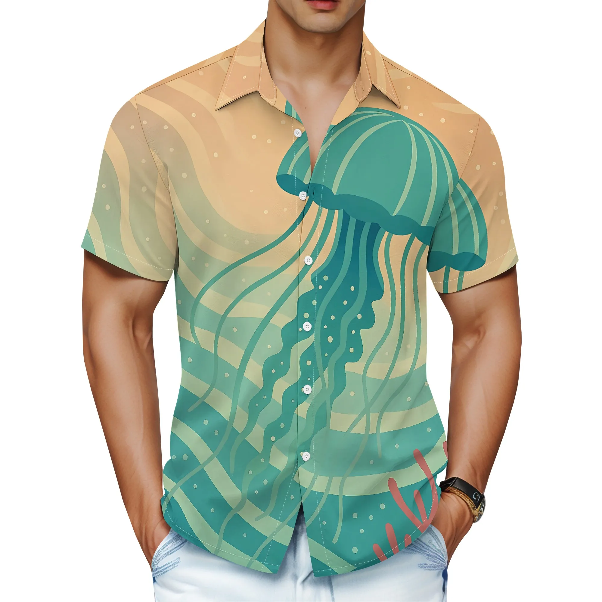YEAE Colorful Dolphin Print Shirt for Men Summer Casual Short Sleeve Top