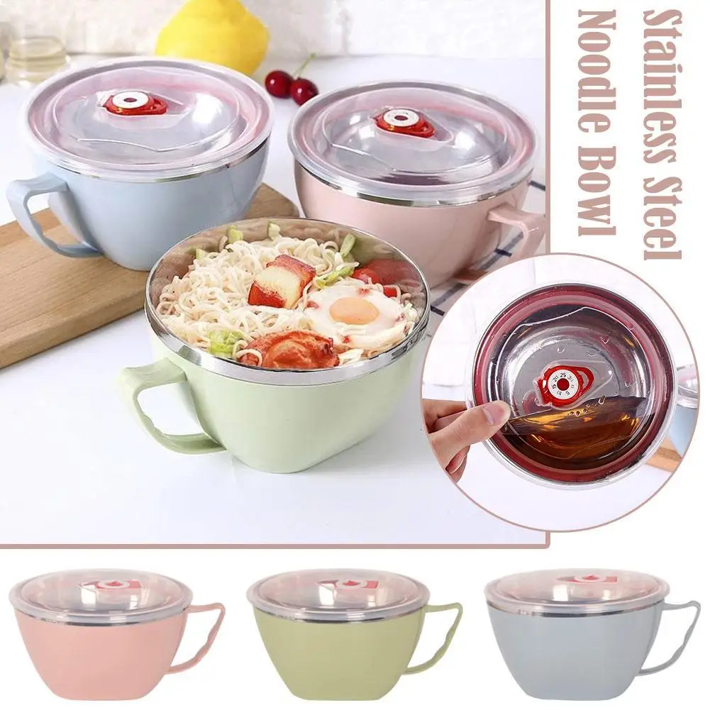 Large Capacity Stainless Steel Double-layer Ramen Noodles Bowl Anti-scalding Instant Noodle Bowl With Lid And Spoon Tableware
