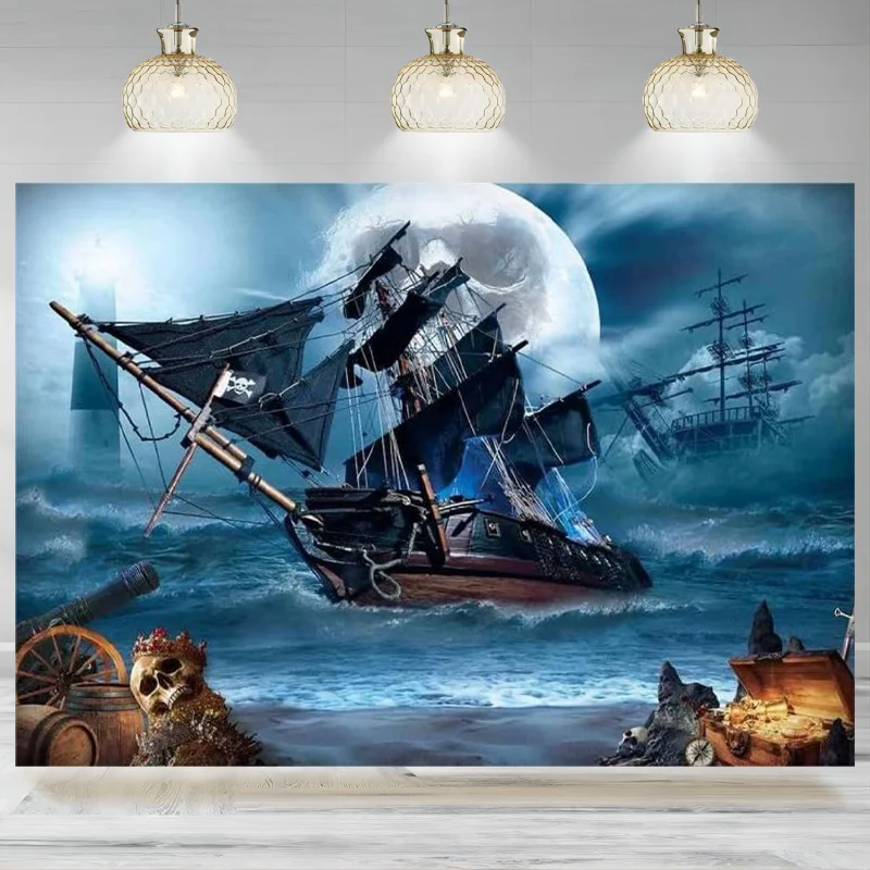 Pirate Theme Photography Backdrop Halloween Nautical Adventure Backdrop Seascape Sailing Ship Treasure Decorations Horror Banne