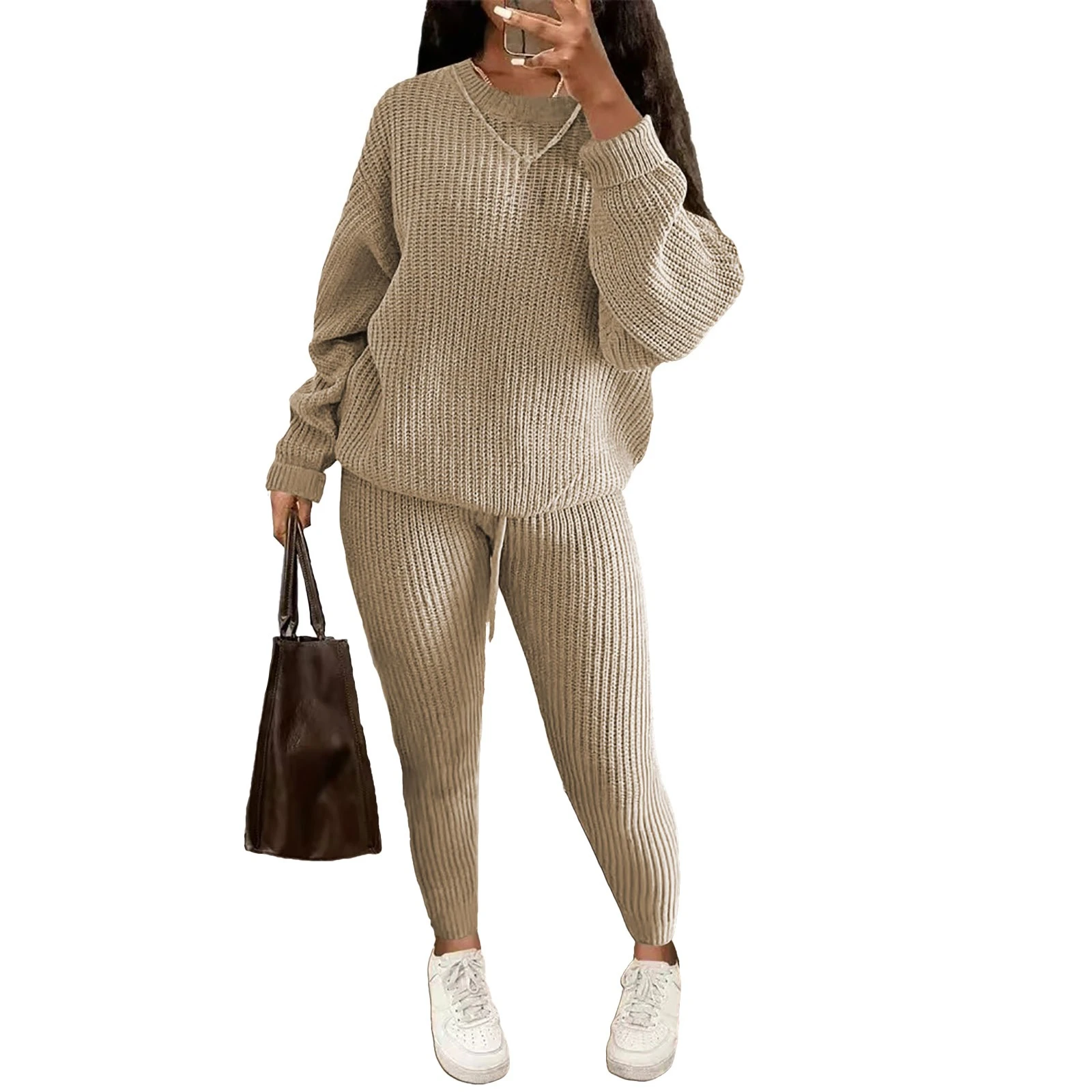 

Новый женский вязаный комплект из двух предметов с круглым вырезом, брюки-карандаш с эластичной резинкой на талии, удобный облегающий универсальный элегантный офисный готовый наряд