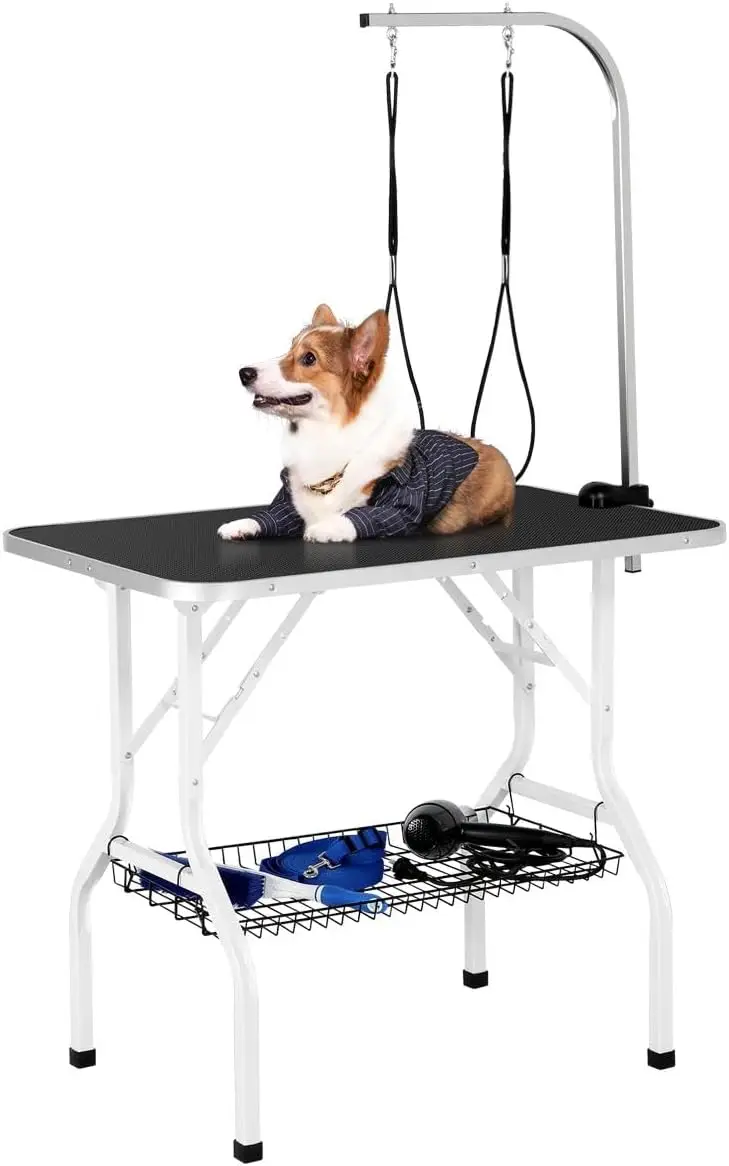 Yaheetech-Dobrável Pet Grooming Mesa com Braço Ajustável, Loops Duplos, Bandeja De Malha, Preto, 36"