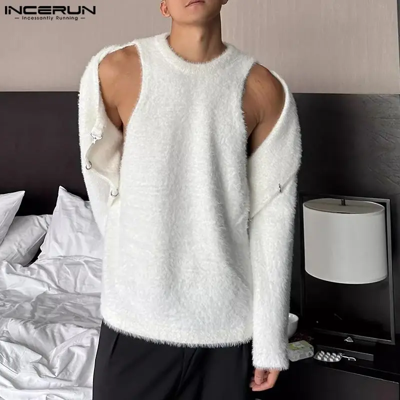 INCERUN Men\'s Sweaters Solid O-neck Long Sleeve Plush Hollow Out Knitted Male Pullovers Streetwear 2023 Fashion Men Clothing