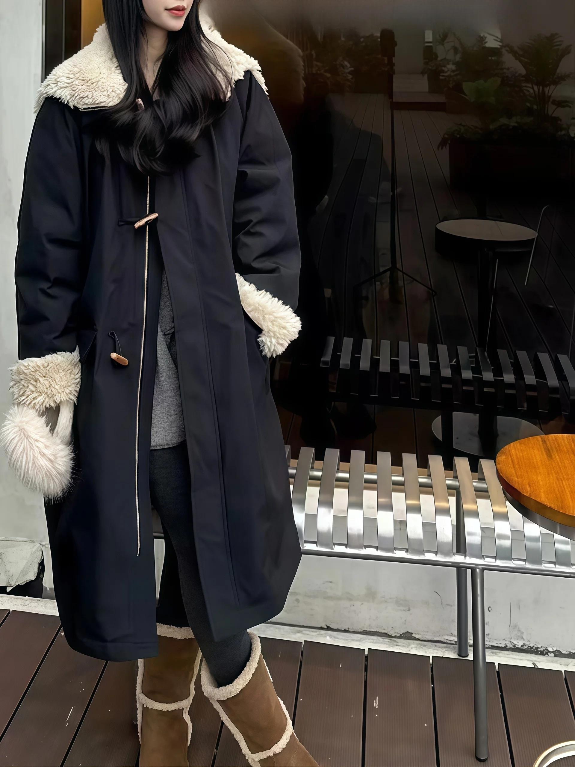 

Korean Style Women's Parka Coat Lamb Fur Lined Warmth Fashionable Elegant Winter Outerwear Standard Fit Zipper Closure Long S...