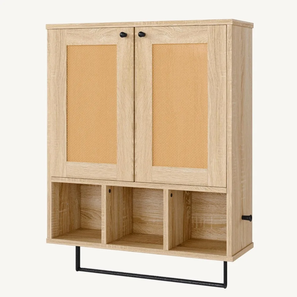 

Rattan Bathroom Wall Cabinet, Wall Mounted Medicine Cabinet with Towel Bar & Adjustable Shelf, Space Saving Hanging Cabinet Ove
