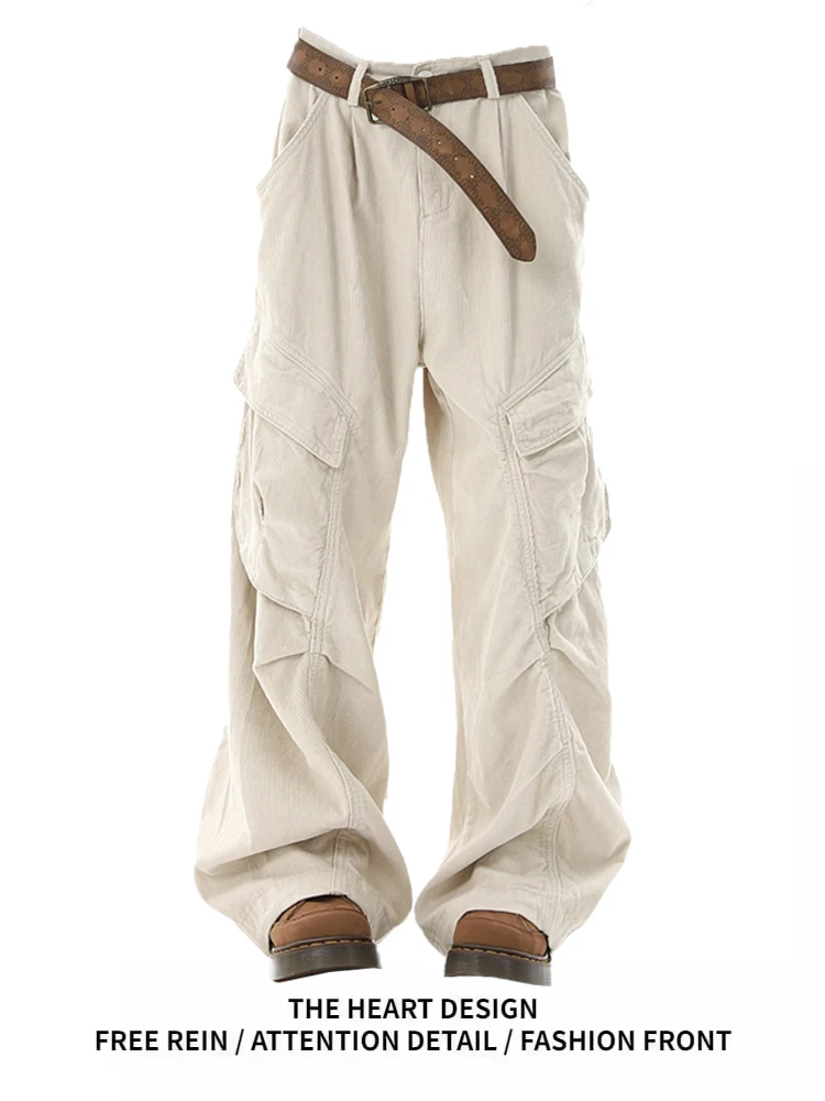 

Retro American Corduroy Paratrooper Work Pants Women's Autumn Winter Trendy Brand Design Large ket Pleated Casual Trousers
