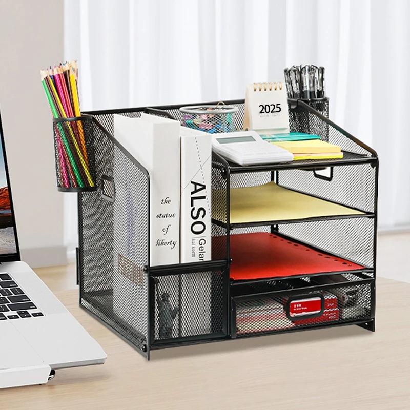 

Black 4-Tier Tray Desk Organizer with File Holder, Paper Letter Organizer with Drawer And 2 Pen Holder, Mesh Desktop Organizer