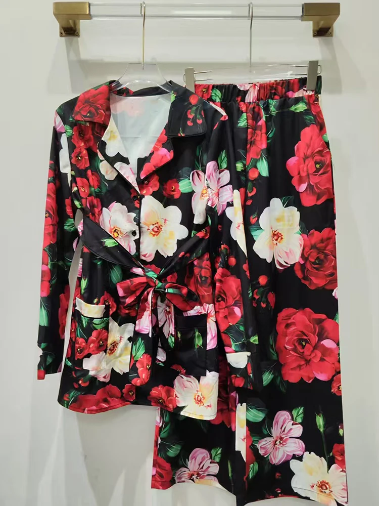 

Retro printed lapel lace-up pajama shirt two-piece set for 2025 Autumn women's wear + High-waisted loose wide-leg pants set