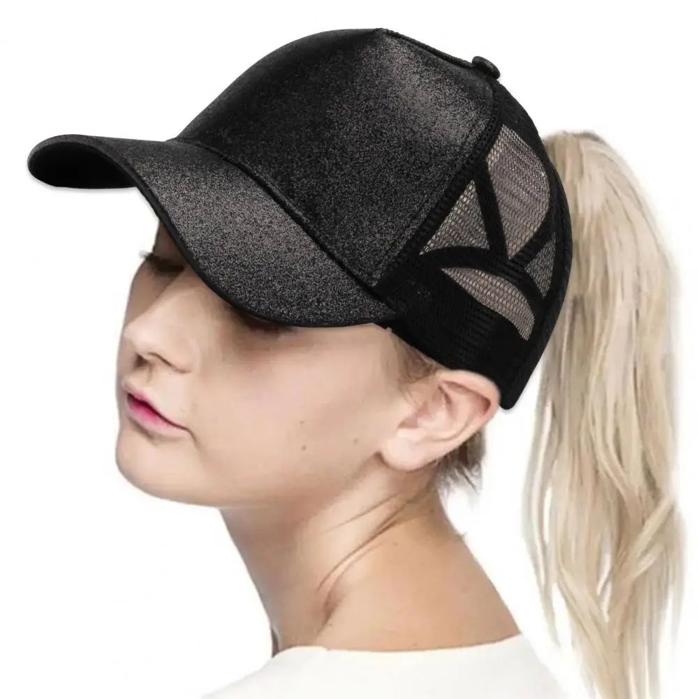 Ladies Baseball Hat Shiny Powder Hollow Mesh Long Brim Cap Ponytail Hole Sunscreen Anti-UV Club Party Performance Peaked Cap