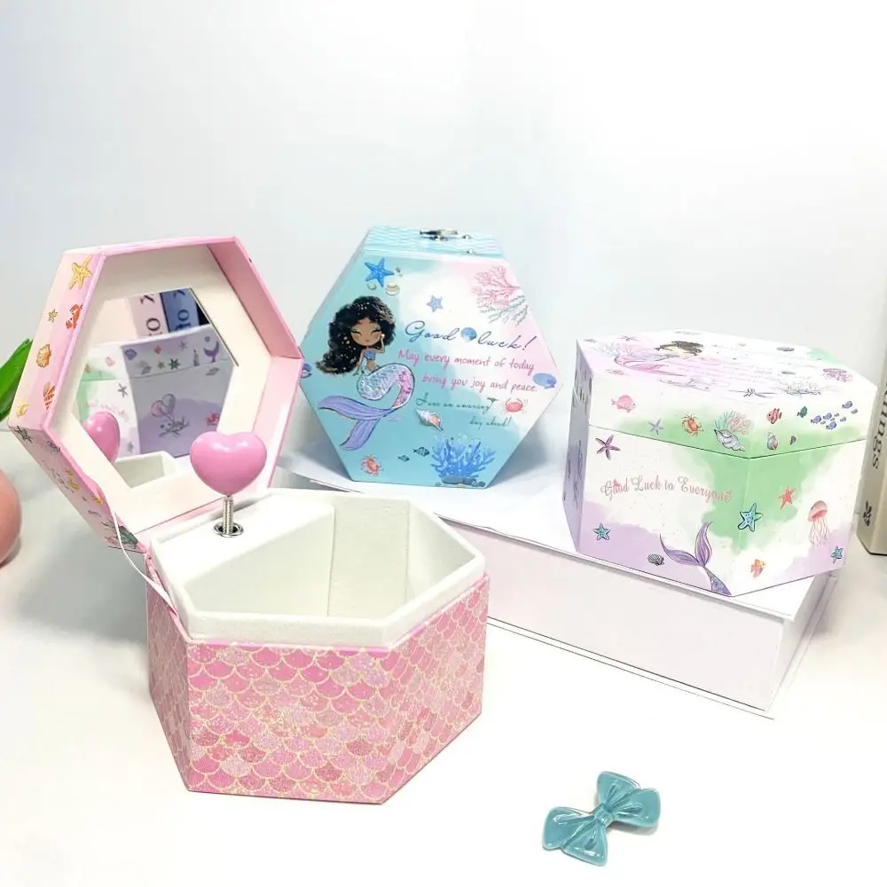 

Multi-purpose Cute Hexagonal Music Box With Mirror Dustproof Ocean Princess Jewelry Box Cartoon Girls Storage Box Bedroom