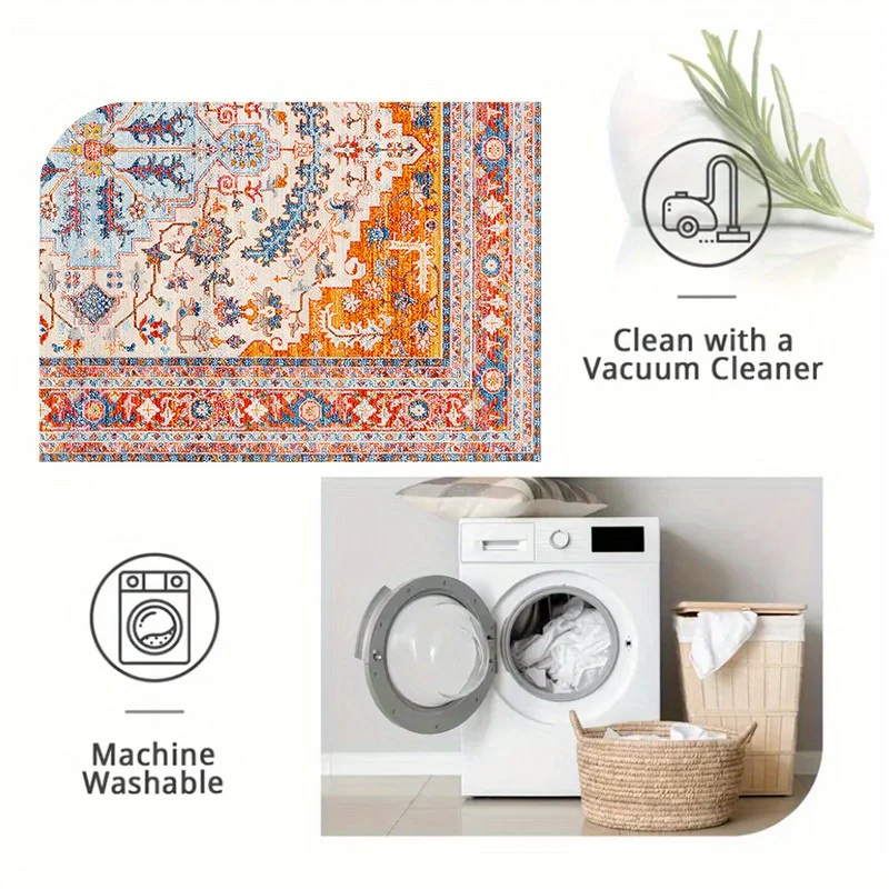 VIKAMA Vintage Oriental Medallion Area Rug Orange‑blue Floral Border Pattern Multi‑size Non‑slip Persian‑style Living‑room Floor