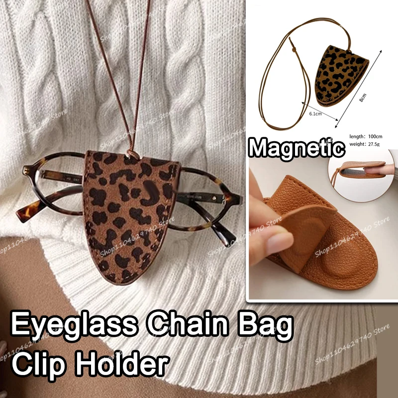 Magnetische Brillenkette zum Umhängen, Leder-Brillenhalter in Unifarben oder Leopardenmuster, Tragbarer Brillenclip, Geschenk-Accessoires