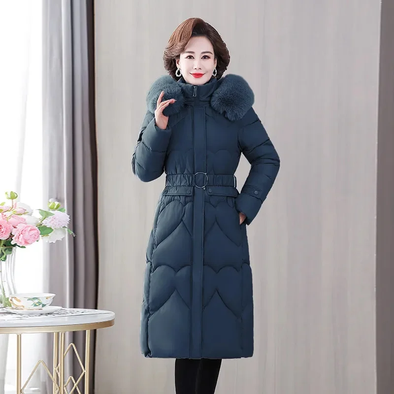 2023 New Winter Jacket Parkas Women Fur Collar Hooded Thicke Down Cotton Jacket Middle-Aged Female Coat Mother Warm Long Outwear