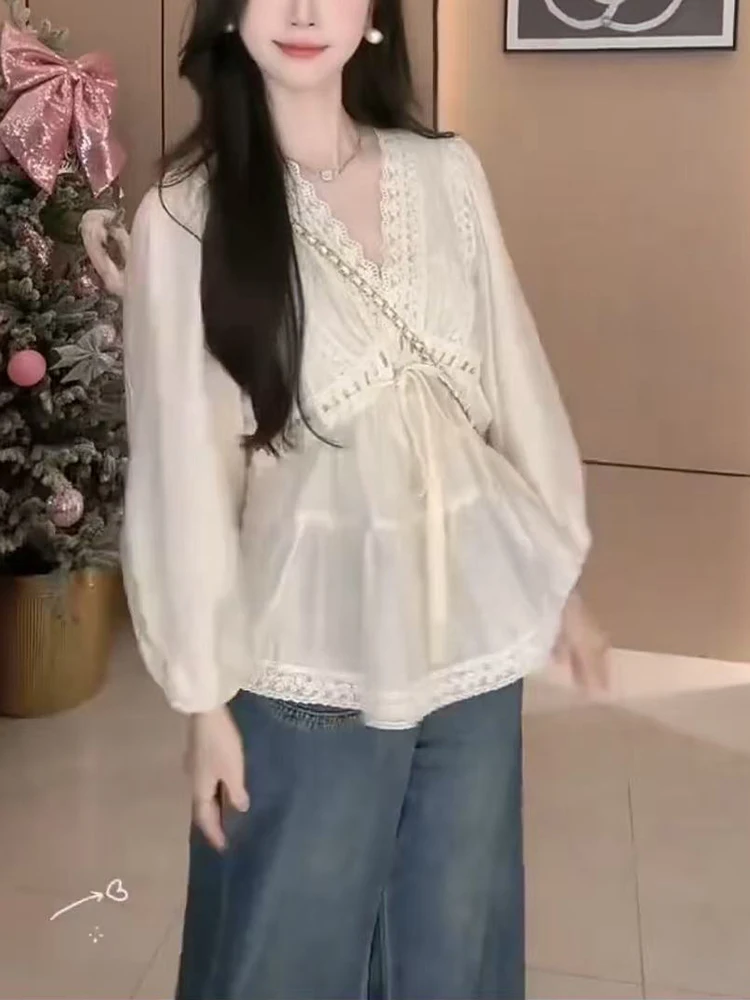 

Sweet Girl's Lace V-Ne Chiffon Top Spring Summer Design Sensation Small ence Fairy T Skirt Sle Doll irt Upper Body