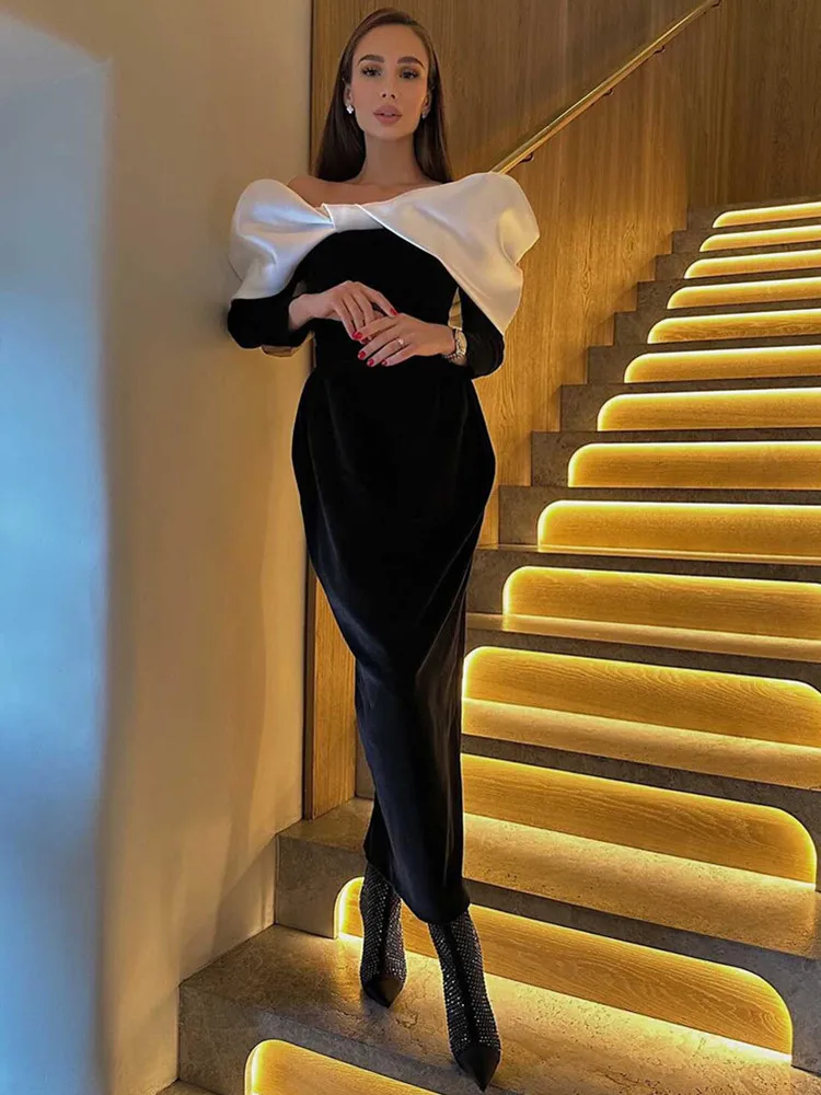 Women Celebrity Sexy Long Sleeve Off Shoulder Black White Midi Bodycon Bandage Dress 2024 Elegant Evening Club Party Dress